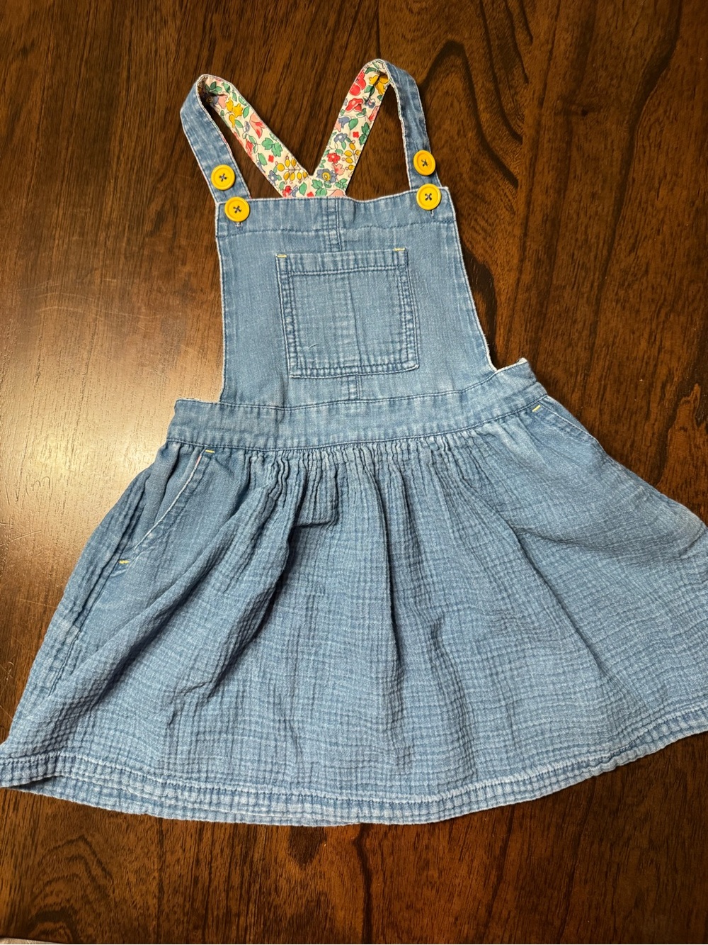 Mini Boden Light Blue Chambray Suspender Dress with Yellow Button Accents